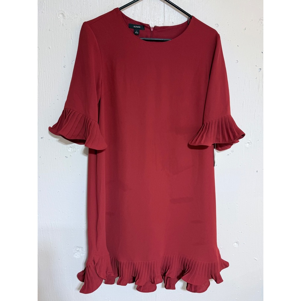 Alfani Shift Dress Women 6 Rust Red Poly NWT Pleated Ruffle Hem Classic Chic